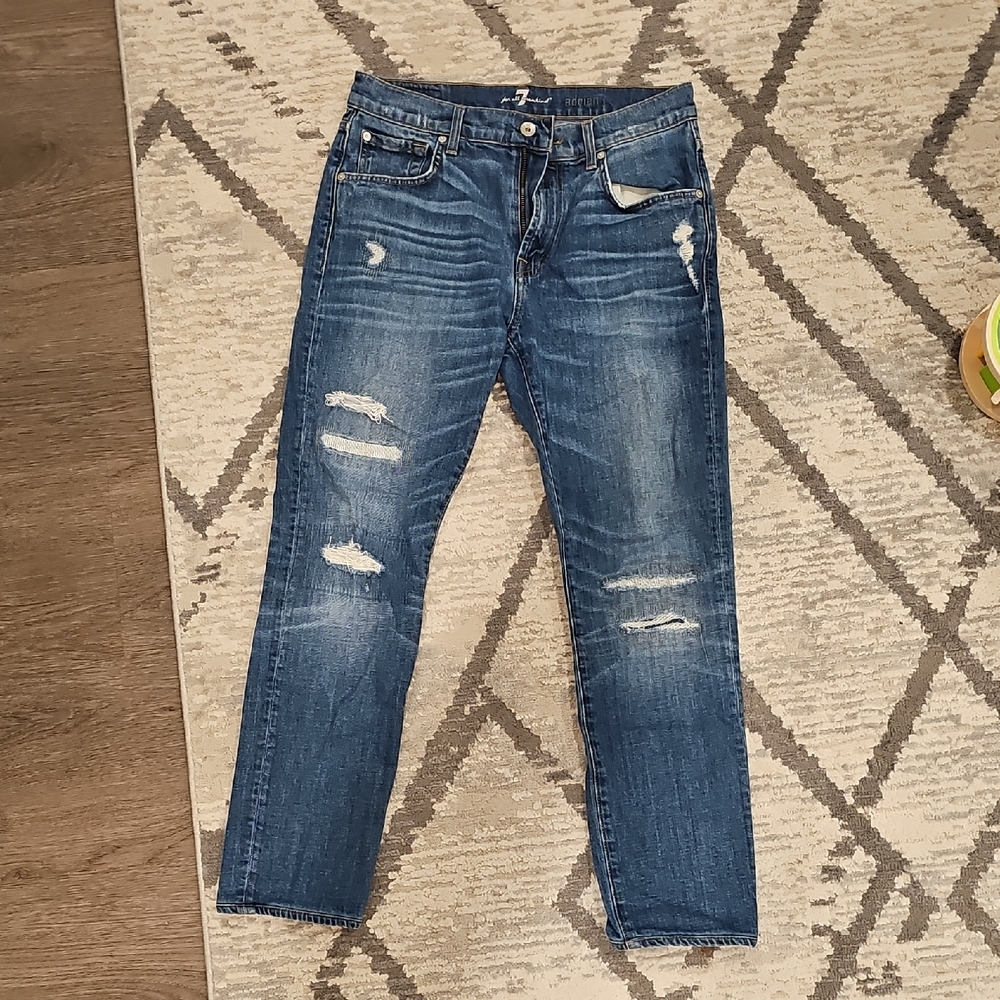 7 For All Mankind Men's Slim Jeans in Distressed Blue